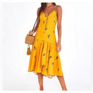 FARM Rio Asymmetrical Yellow Dress with Floral Accents